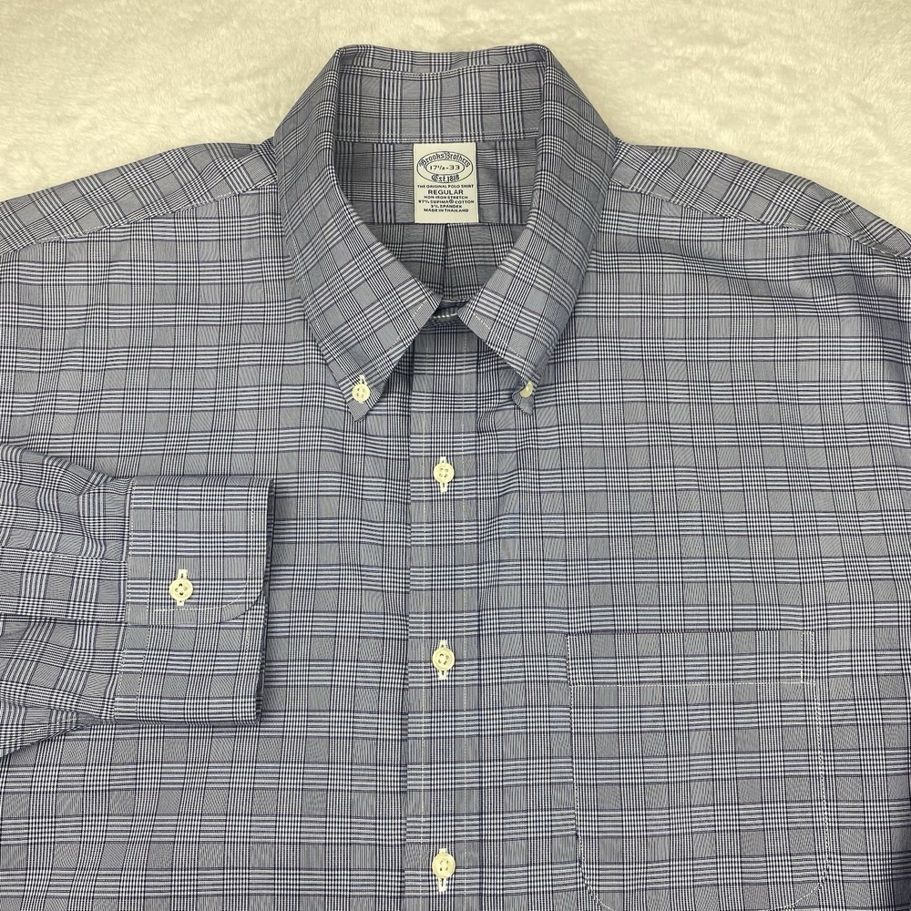 Brooks Brothers Dress Shirt Mens 17.5-33 Blue/Purple Plaid Regular Fit‎ Stretch